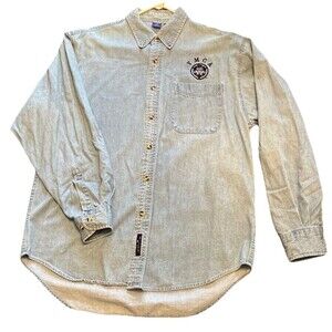 Port And Company Women’s Med Logo Jean Shirt Blue Denim Button Up Long Sleeve